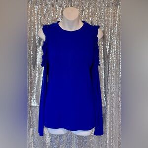 J Lab Blue Large Ruffle Cold Shoulder Shirt Sweater